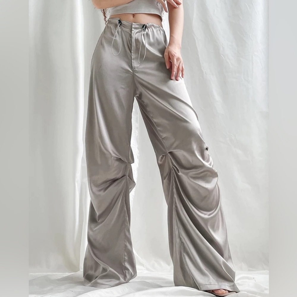 Heather Grey Silver Wide Satin Pant With Adjustable Cinch Ties - Picture 6 of 8